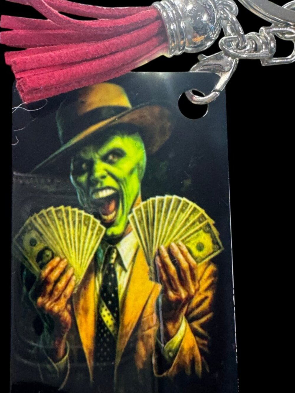 The Mask Green Face Character Metal Keychain with Red Tassel and Silver Ring